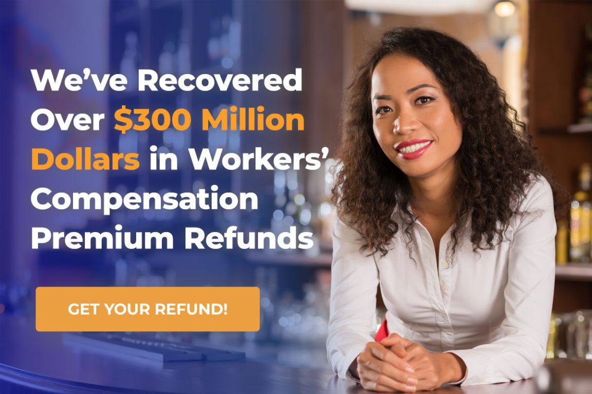 businesswoman next to text describing the advantages of workers' compensation refunds